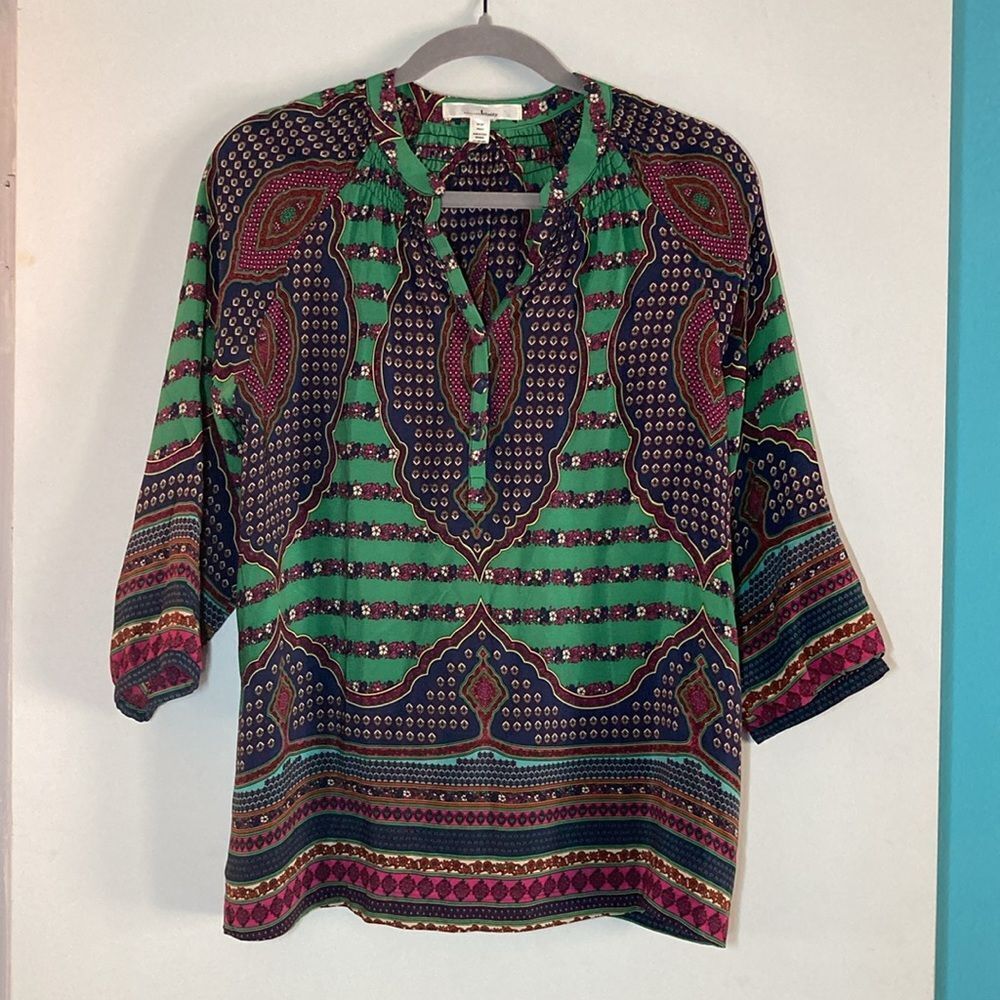 Trinity Blouse Women Size L Green 100% Silk Pullover Patterned Tunic Length Top
